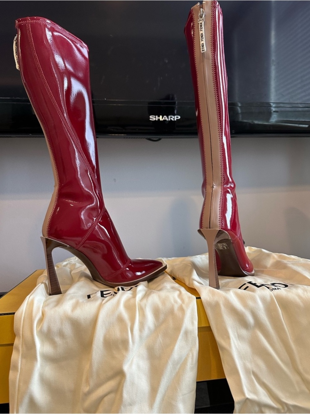 Fendi Red Patent Leather Knee High Sculptural Heel Boots 36.5 Rare